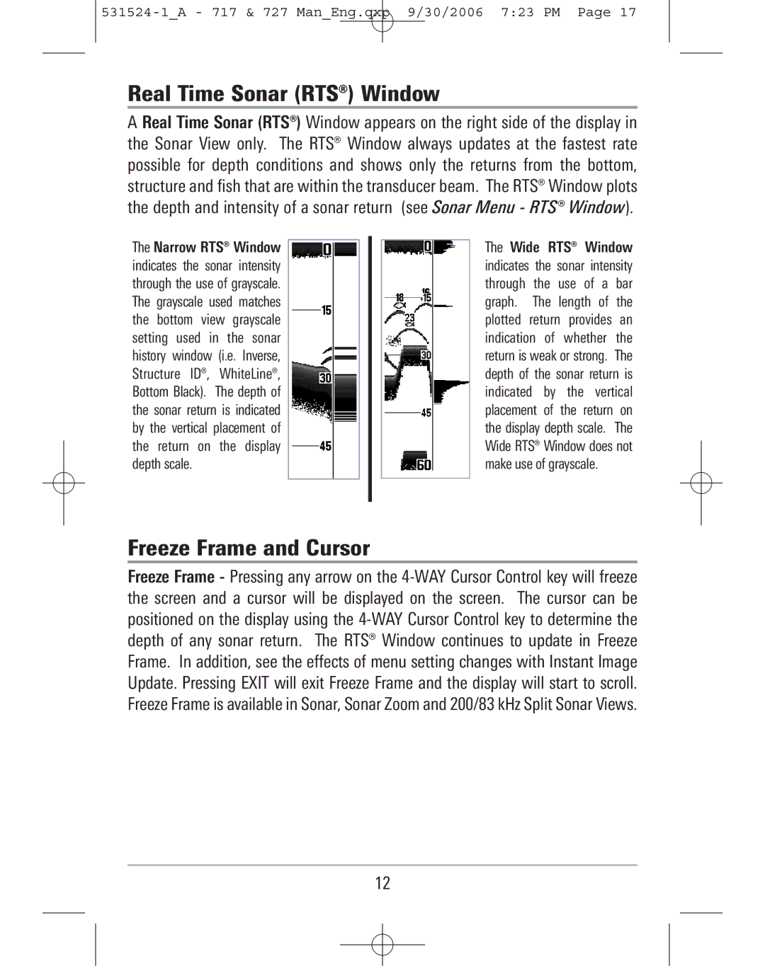 Humminbird 727, 717 manual Real Time Sonar RTS Window, Freeze Frame and Cursor 