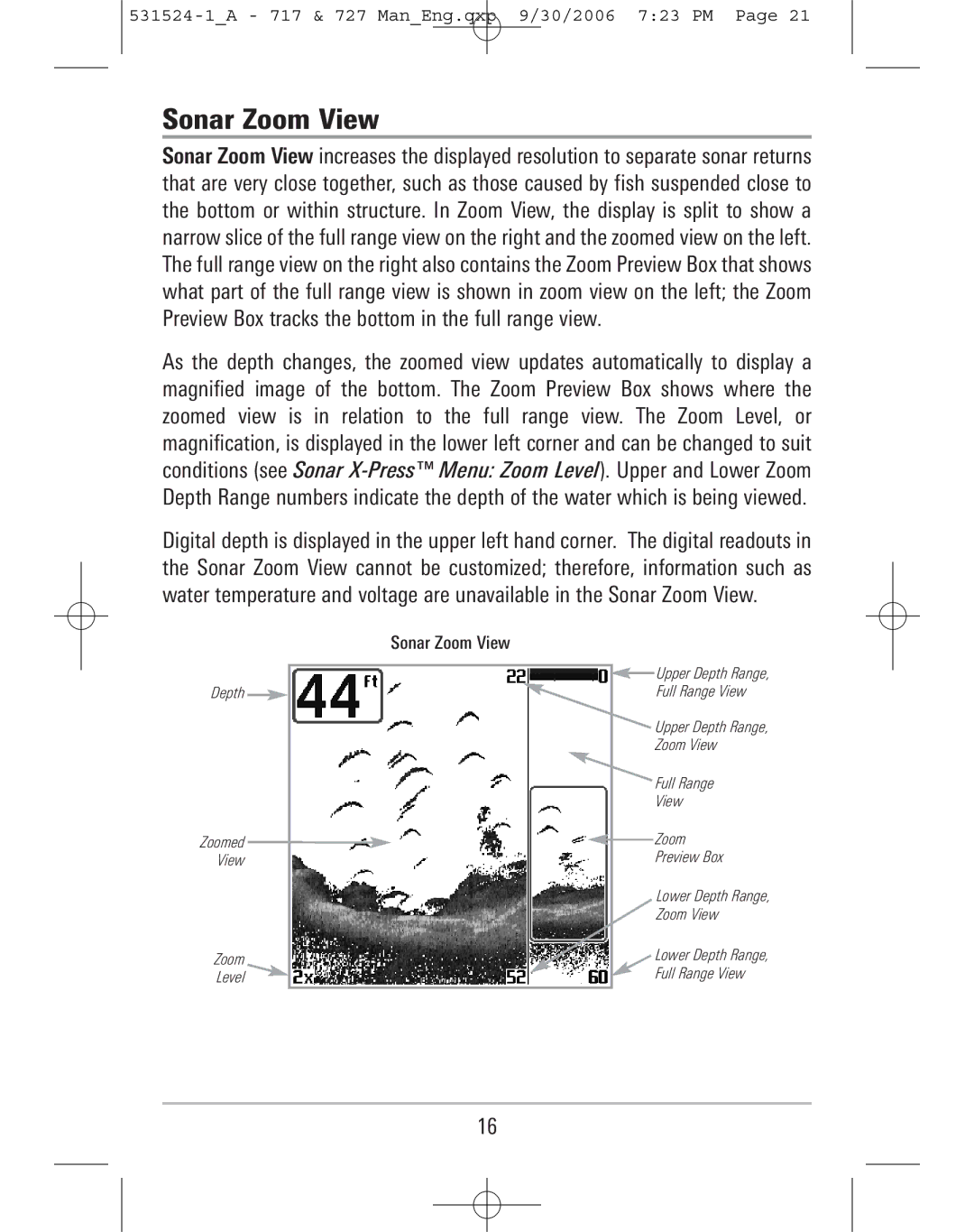 Humminbird 727, 717 manual Sonar Zoom View 