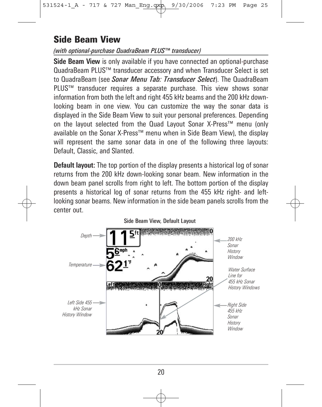 Humminbird 727, 717 manual Side Beam View, Default Layout 