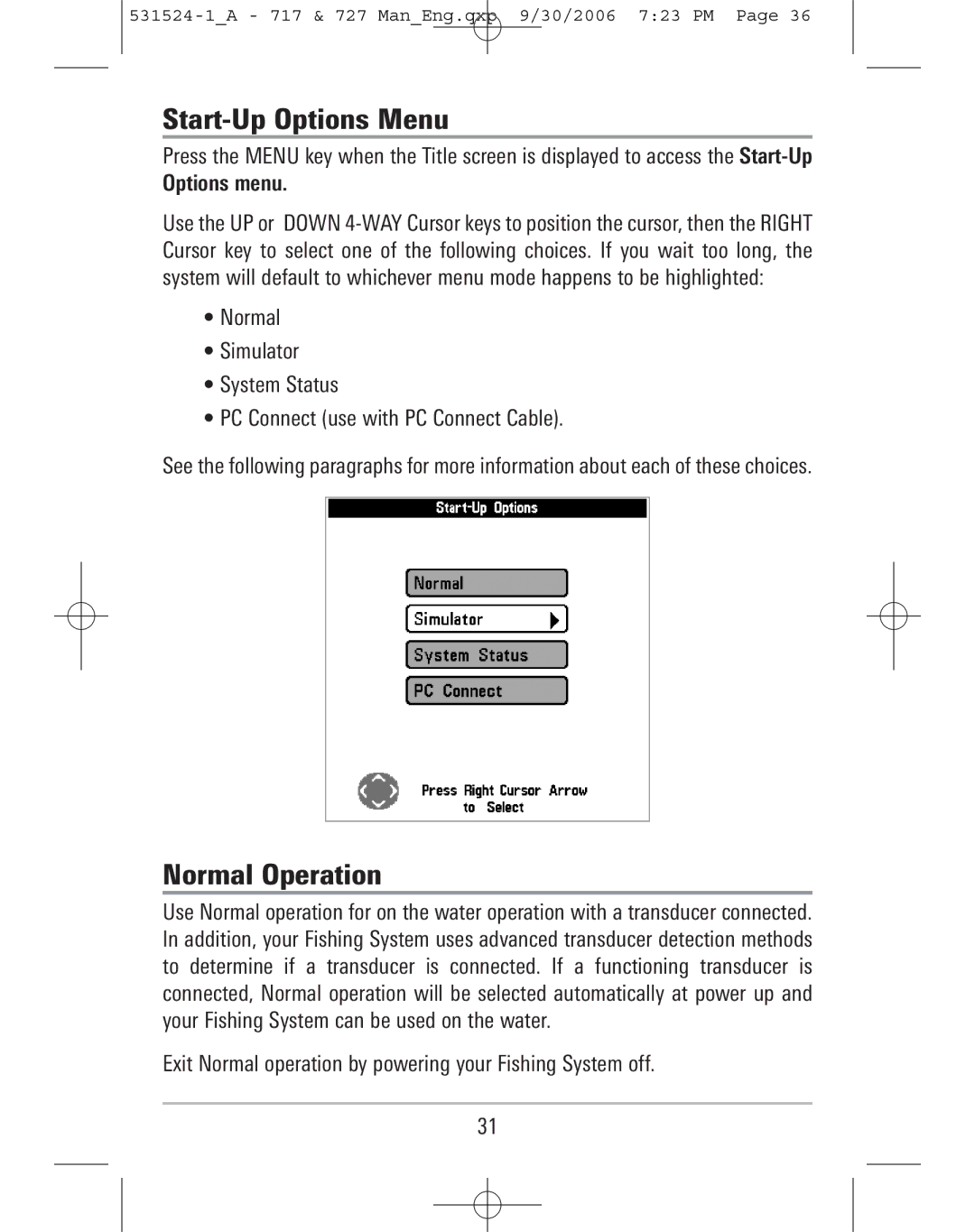 Humminbird 717, 727 manual Start-Up Options Menu, Normal Operation 