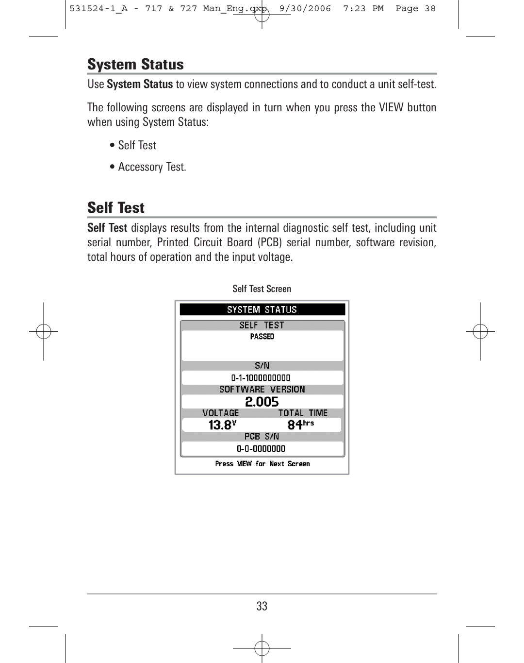 Humminbird 717, 727 manual System Status, Self Test 