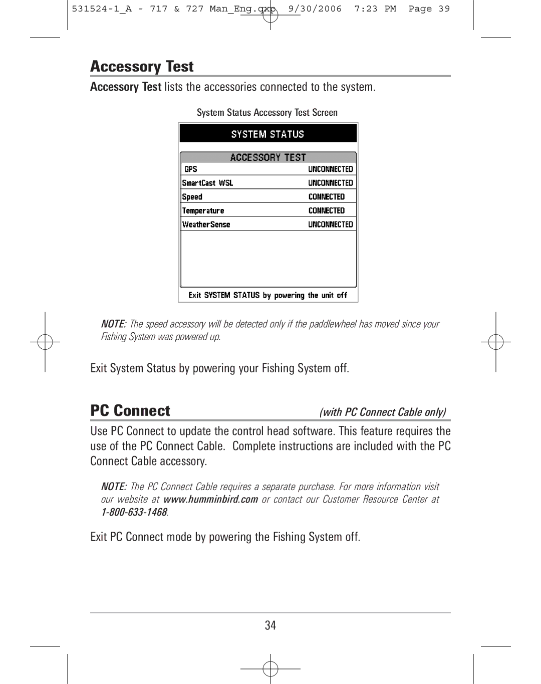 Humminbird 727, 717 manual Accessory Test, With PC Connect Cable only 