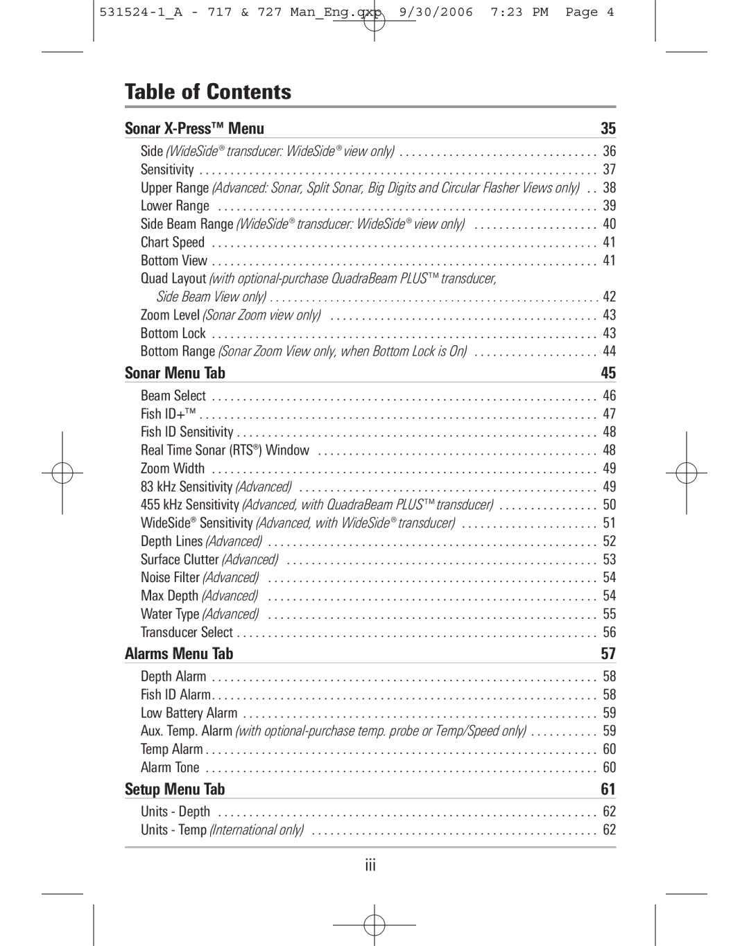 Humminbird 717, 727 manual Setup Menu Tab 