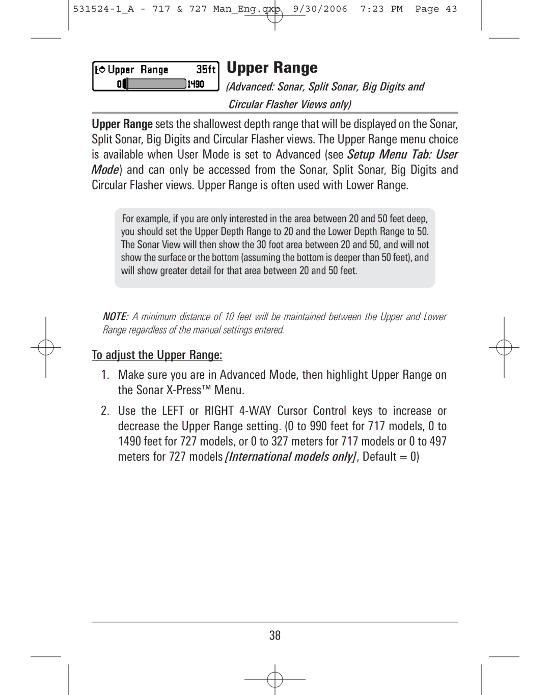 Humminbird 727, 717 manual Upper Range 