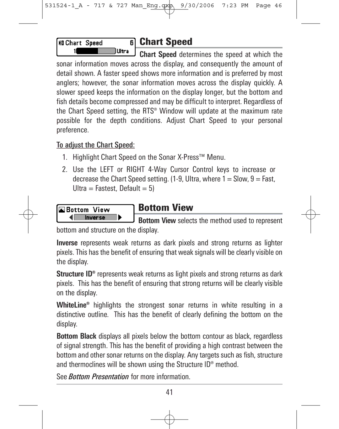 Humminbird 717, 727 manual Chart Speed, Bottom View 