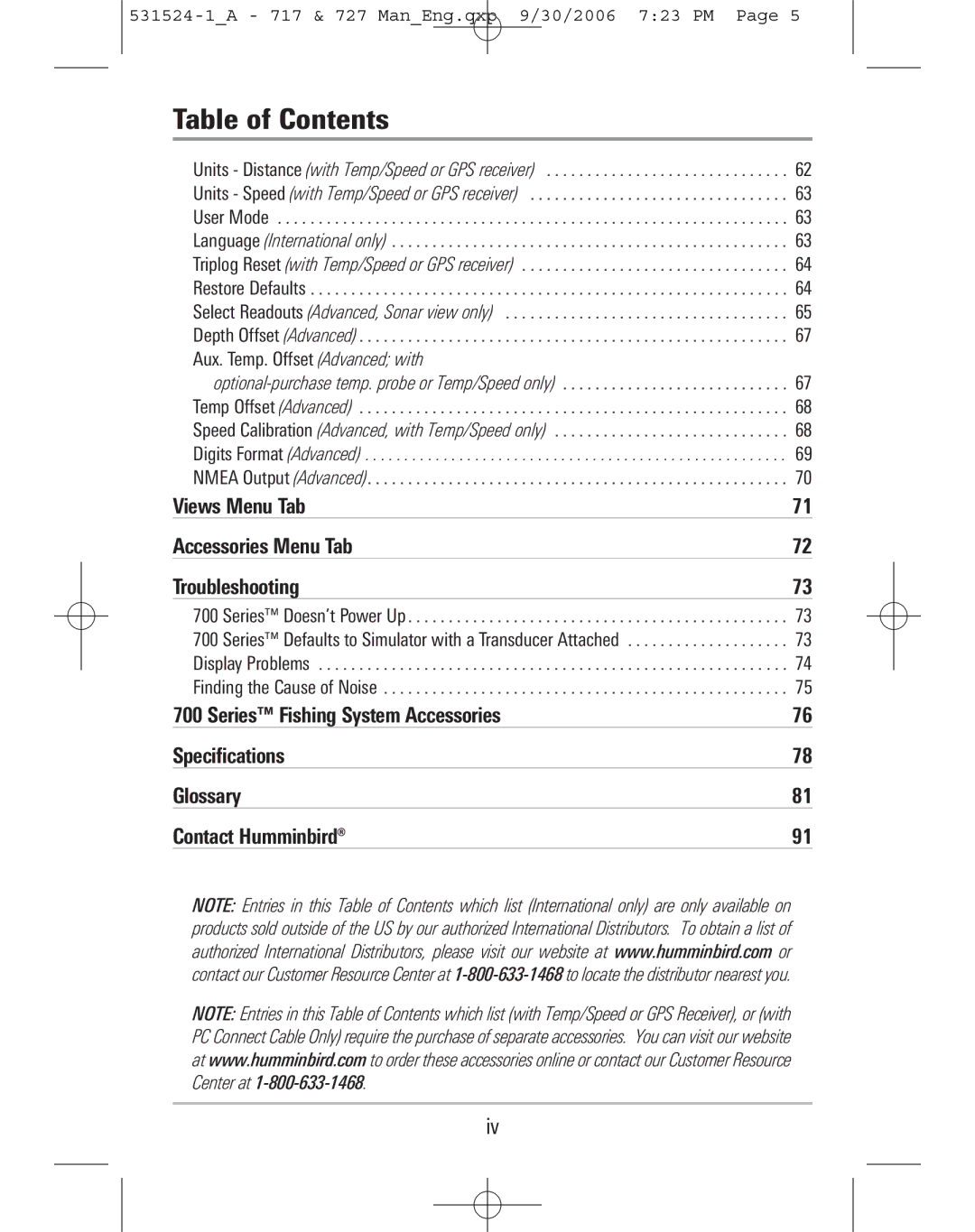Humminbird 727, 717 manual Views Menu Tab Accessories Menu Tab Troubleshooting 