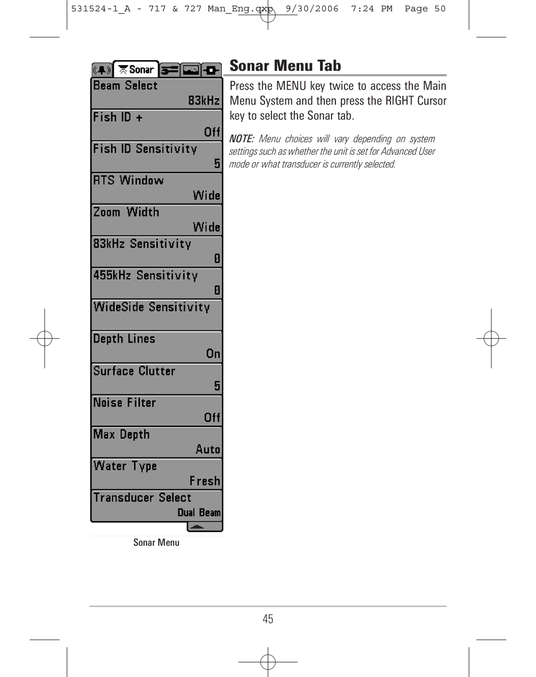 Humminbird 717, 727 manual Sonar Menu Tab 