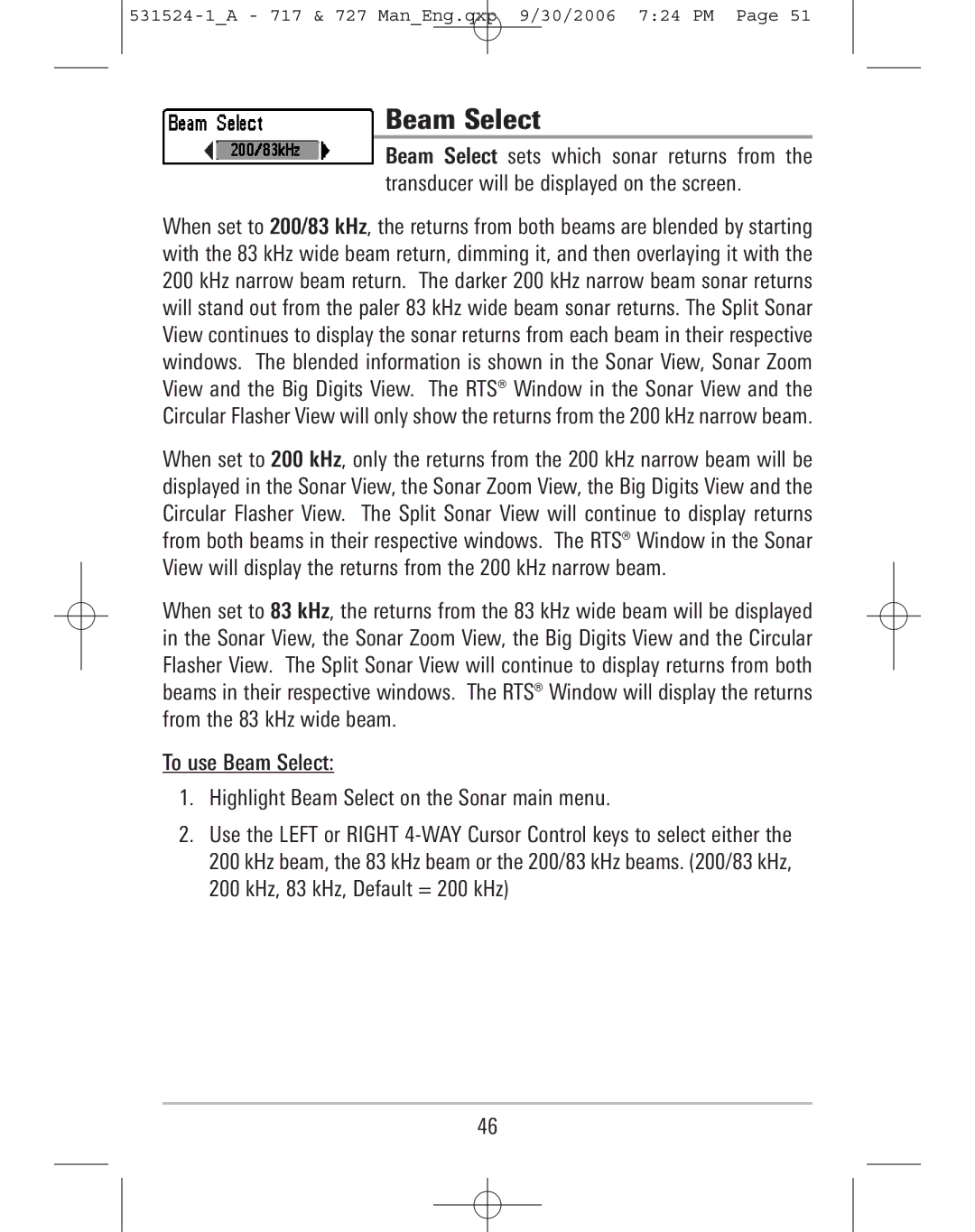 Humminbird 727, 717 manual Beam Select 