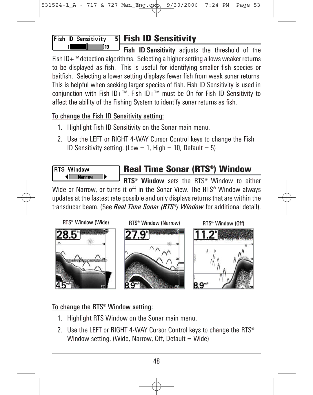 Humminbird 727, 717 manual Fish ID Sensitivity, Real Time Sonar RTS Window 