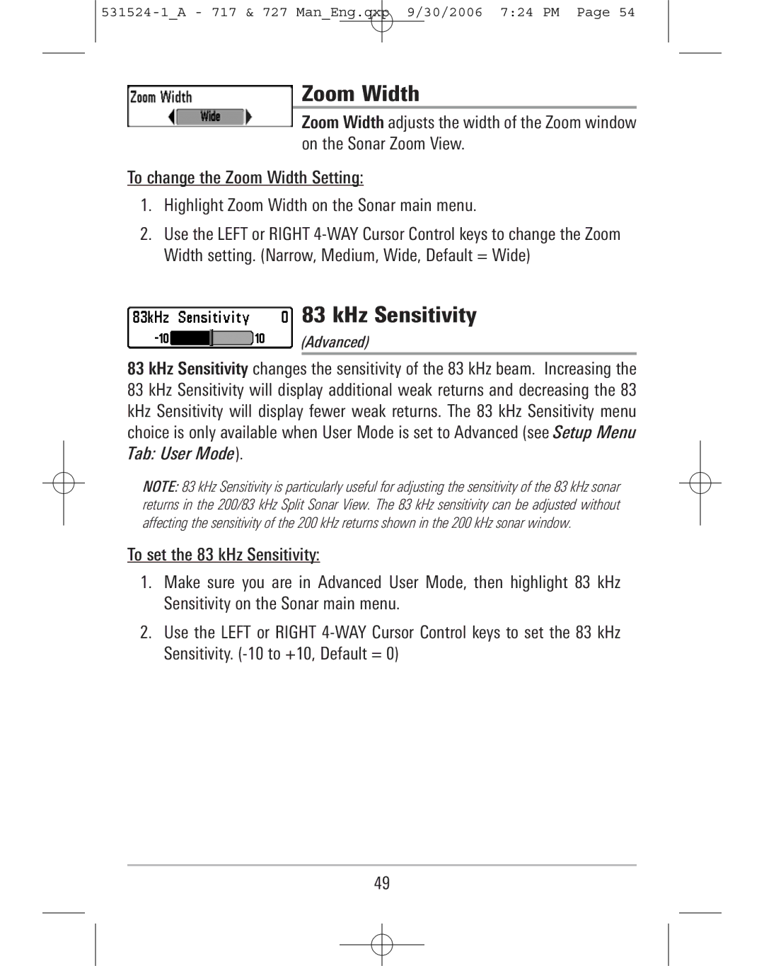 Humminbird 717, 727 manual Zoom Width, KHz Sensitivity, Advanced 