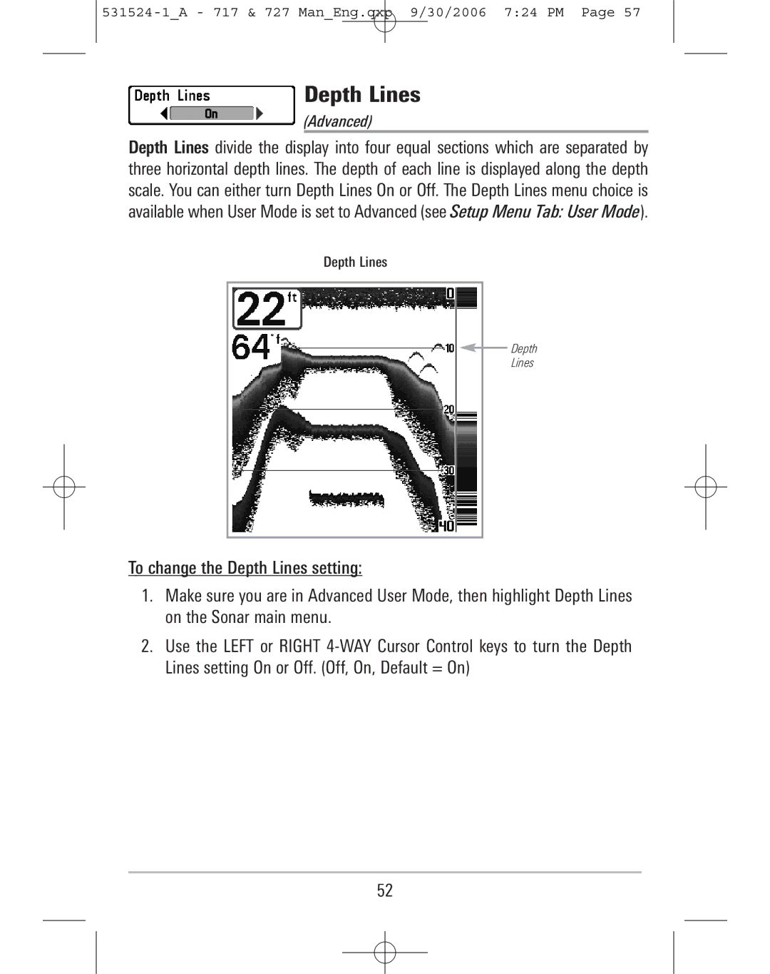 Humminbird 727, 717 manual Depth Lines, Advanced 