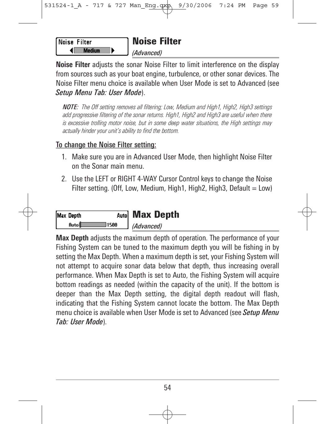Humminbird 727, 717 manual Noise Filter, Max Depth 