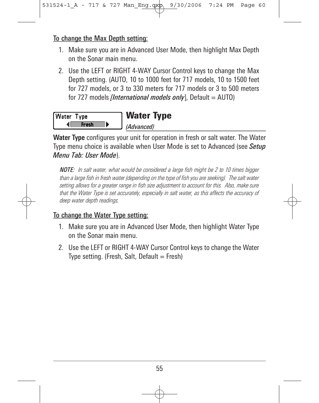 Humminbird 717, 727 manual Water Type 