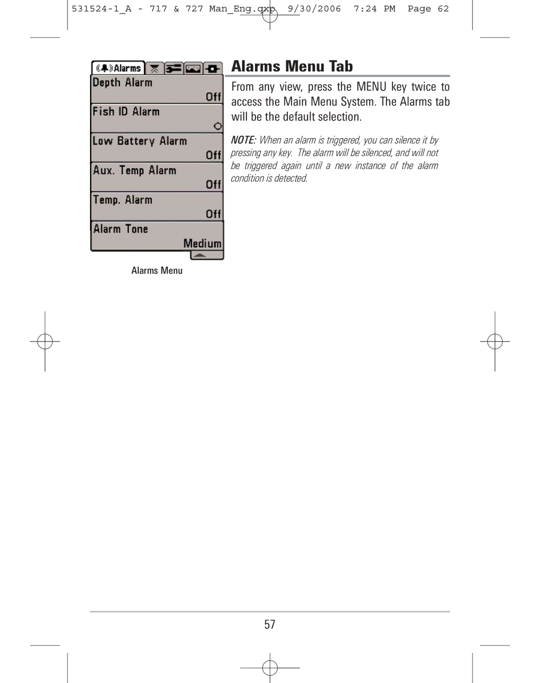 Humminbird 717, 727 manual Alarms Menu Tab 