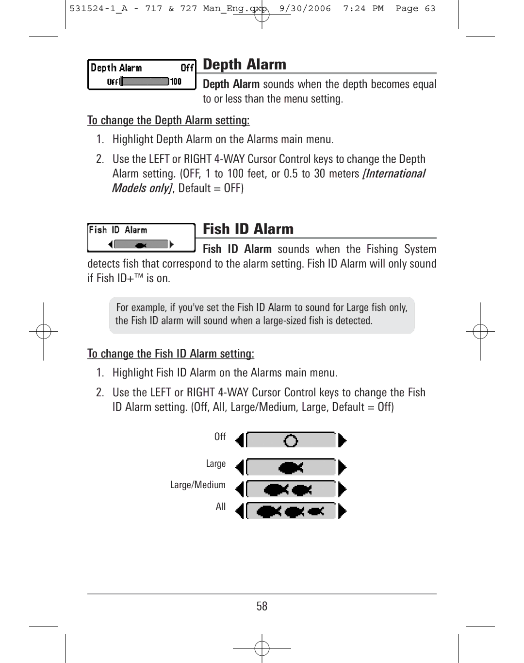 Humminbird 727, 717 manual Depth Alarm, Fish ID Alarm 
