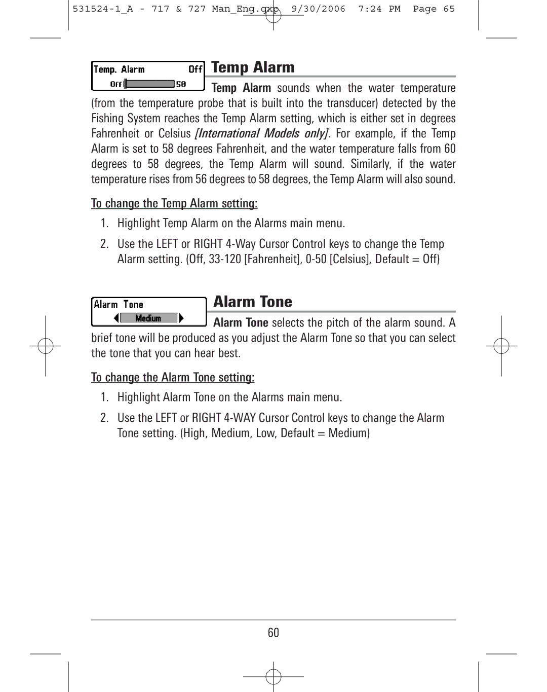 Humminbird 727, 717 manual Temp Alarm, Alarm Tone 
