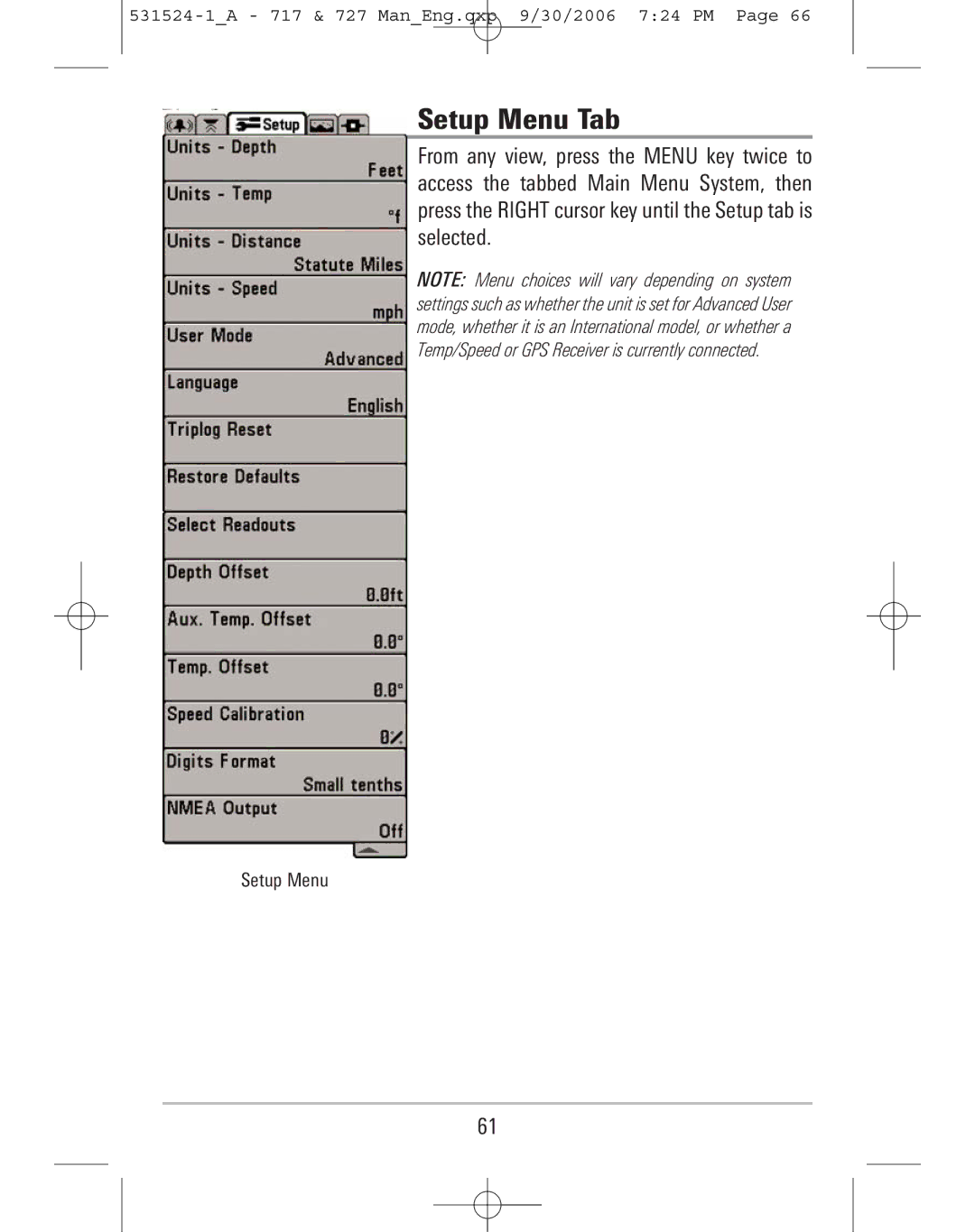 Humminbird 717, 727 manual Setup Menu Tab 