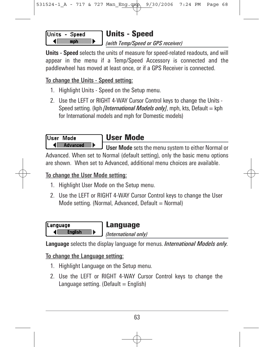 Humminbird 717, 727 manual Units Speed, User Mode, Language 