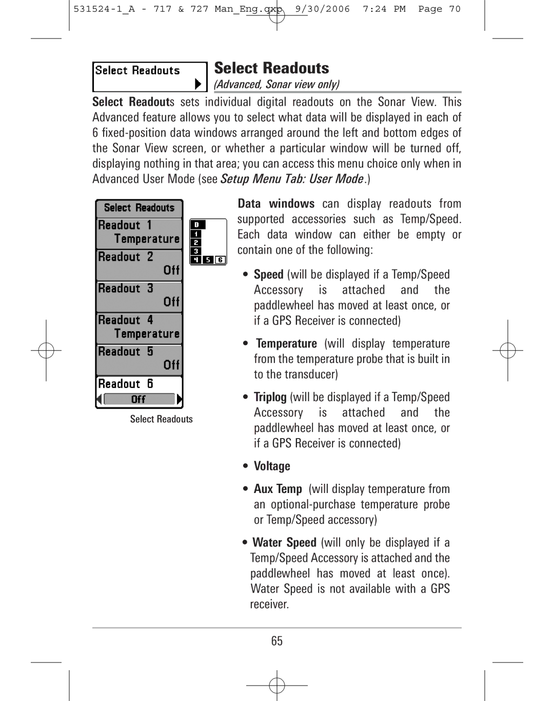 Humminbird 717, 727 manual Select Readouts, Advanced, Sonar view only 