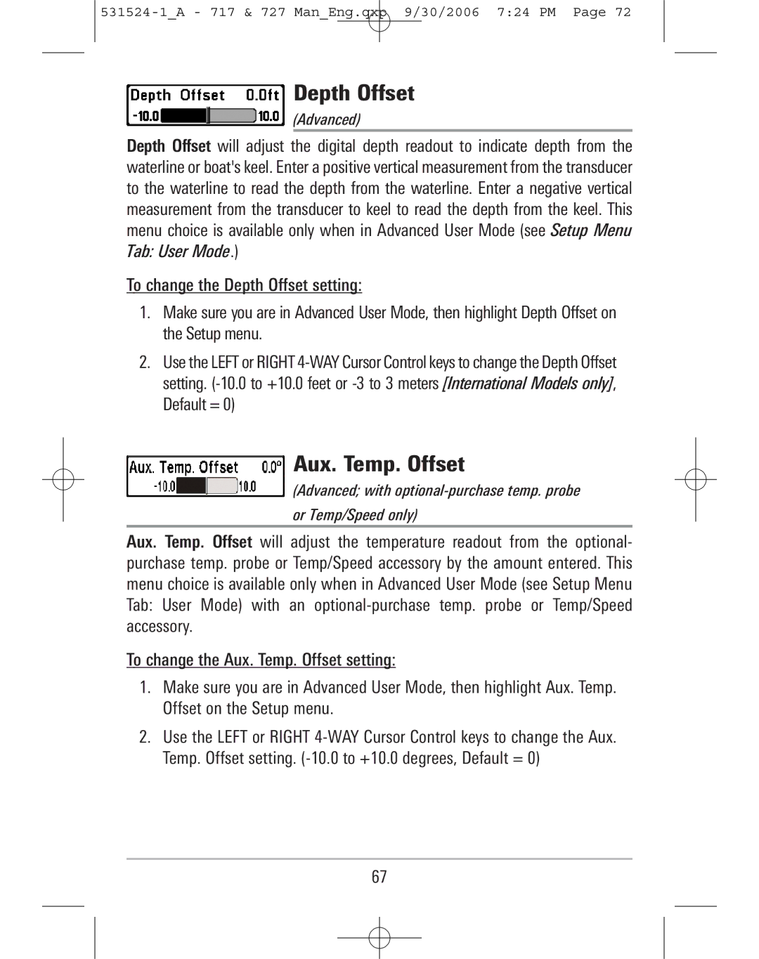 Humminbird 717, 727 manual Depth Offset, Aux. Temp. Offset 