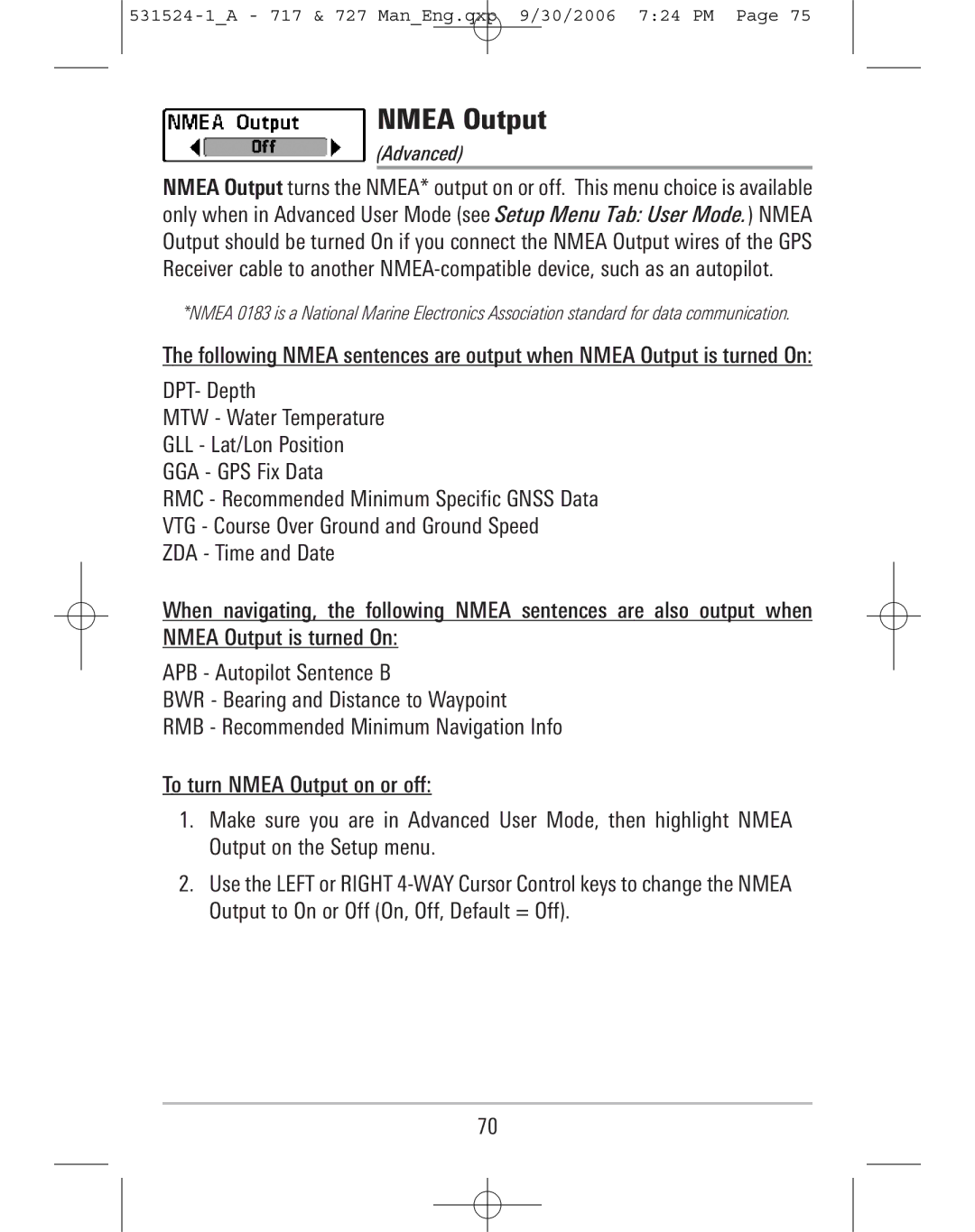 Humminbird 727, 717 manual Nmea Output 