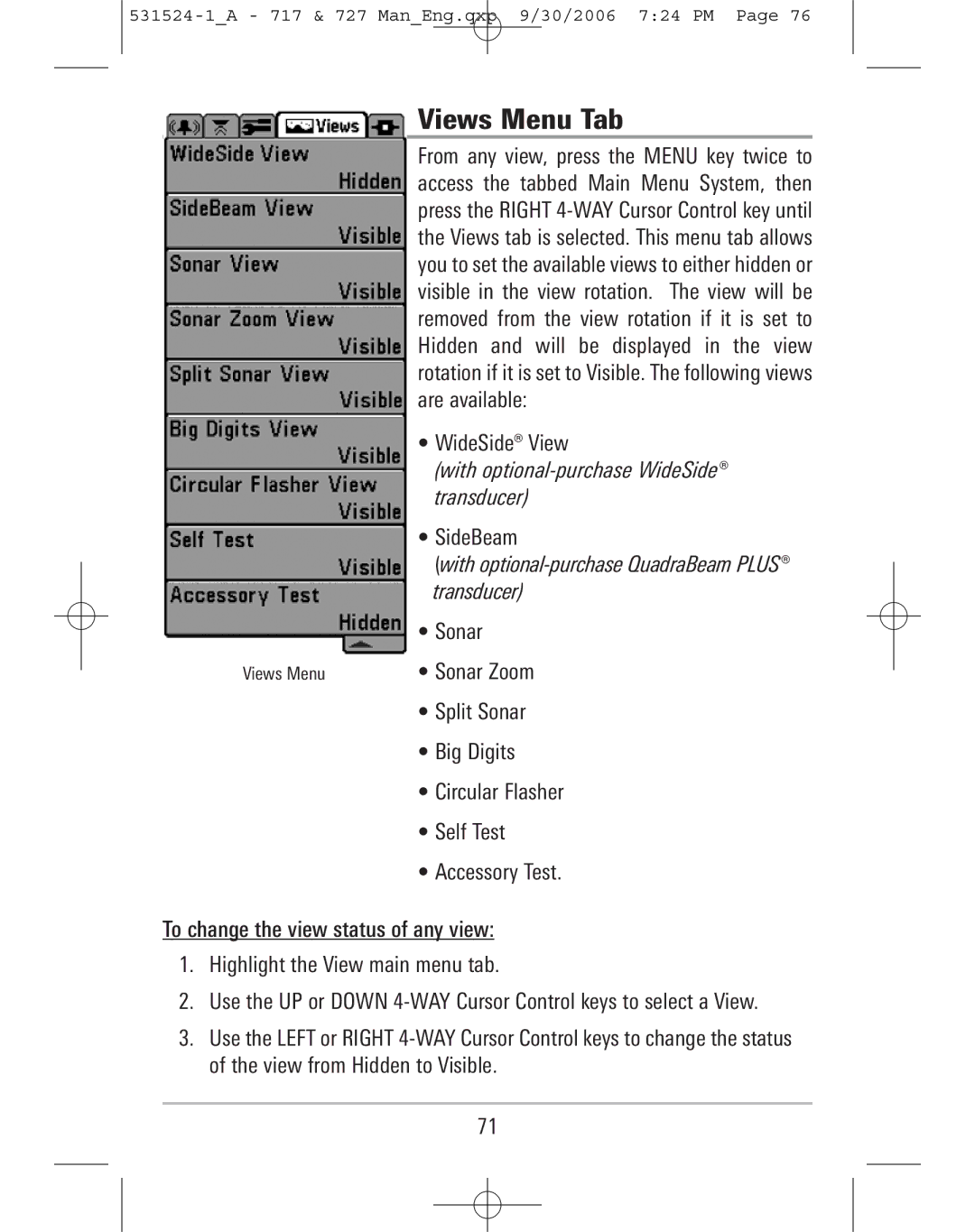 Humminbird 717, 727 manual Views Menu Tab, Accessory Test 