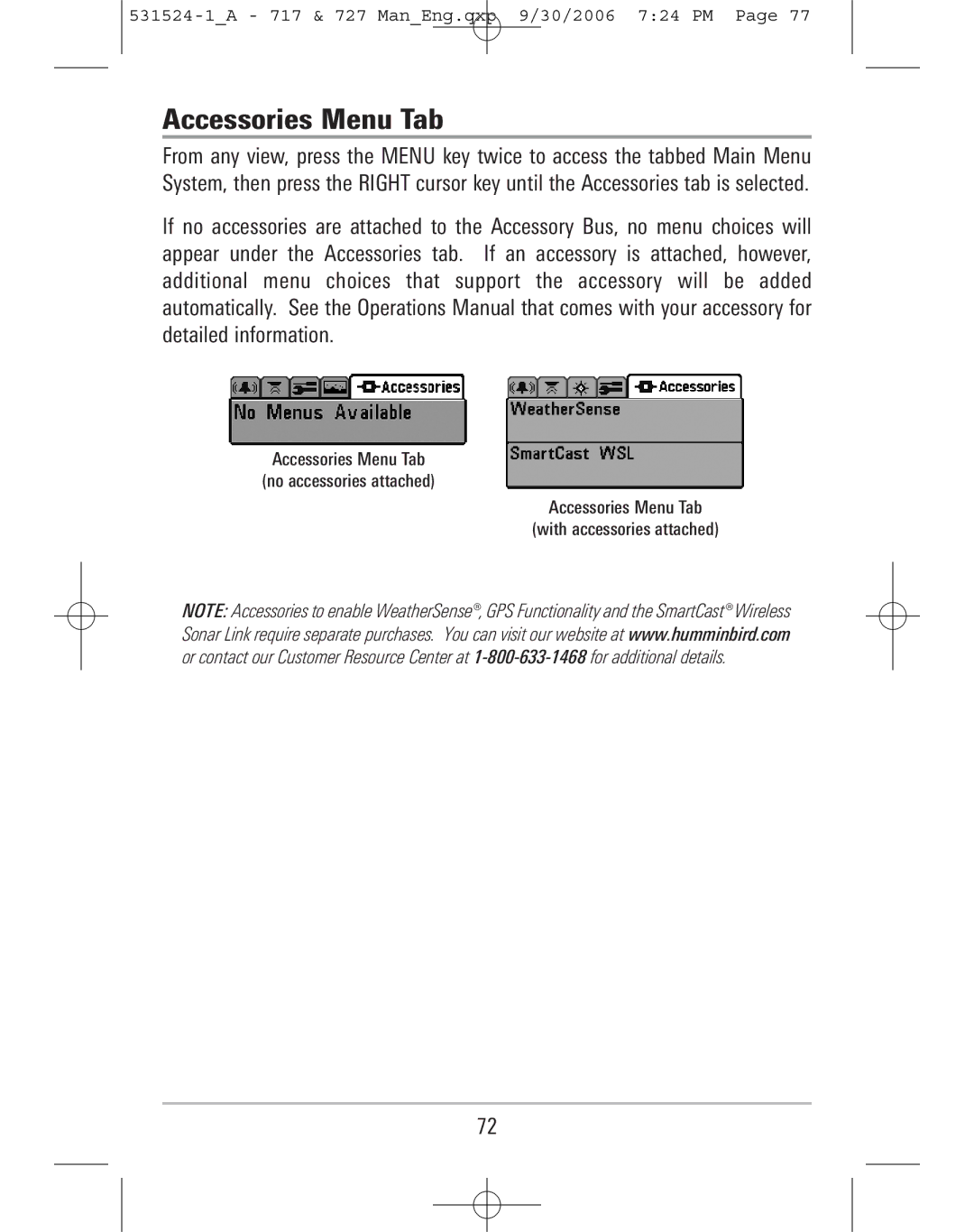 Humminbird 727, 717 manual Accessories Menu Tab 