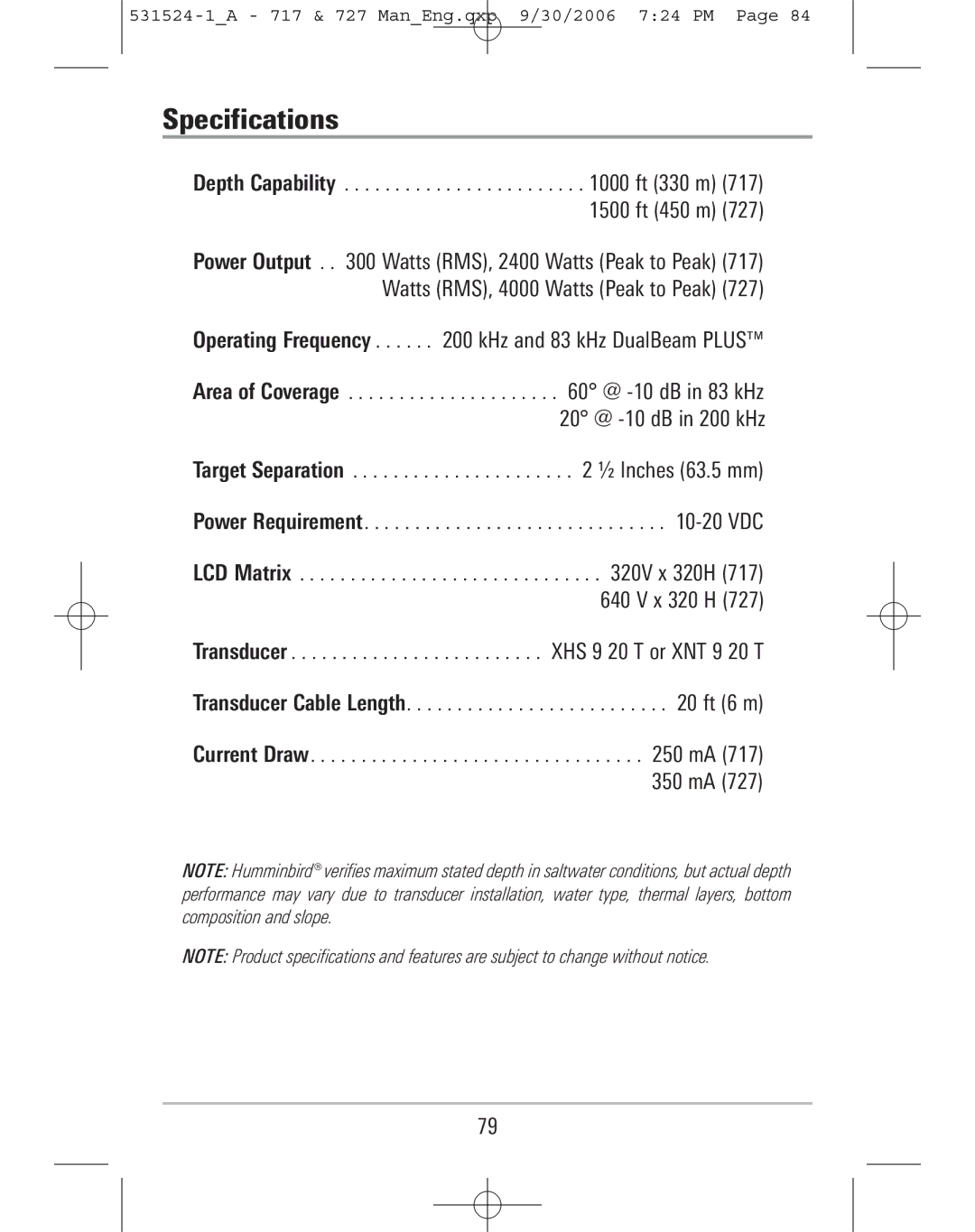 Humminbird 717, 727 manual Specifications, Operating Frequency kHz and 83 kHz DualBeam Plus 