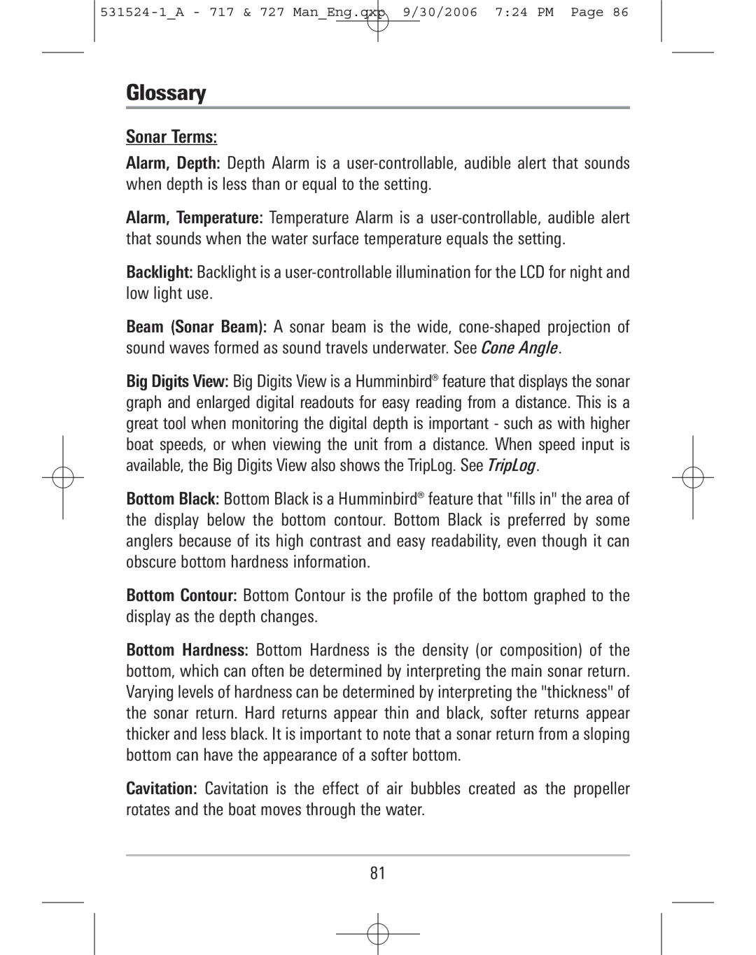 Humminbird 717, 727 manual Glossary, Sonar Terms 