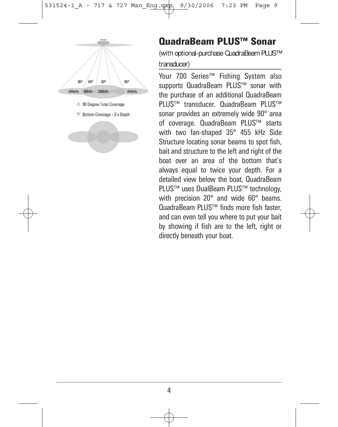 Humminbird 727, 717 manual QuadraBeam Plus Sonar, With optional-purchase QuadraBeam Plus Transducer 