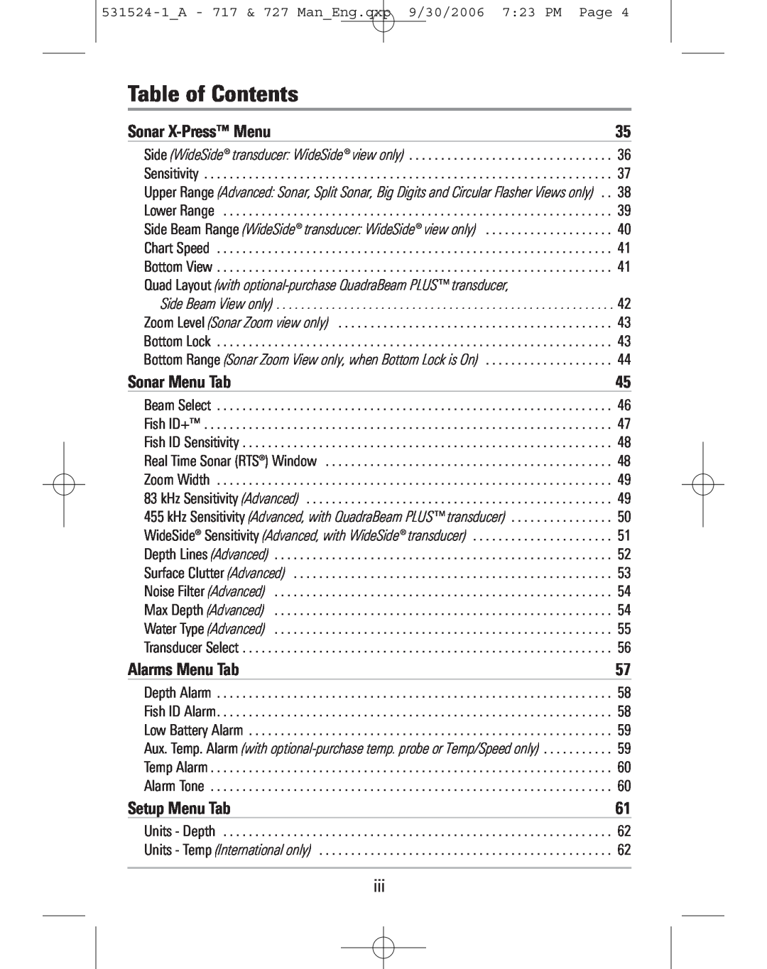 Humminbird 717, 727 manual Table of Contents, Sonar X-Press Menu, Sonar Menu Tab, Alarms Menu Tab, Setup Menu Tab 