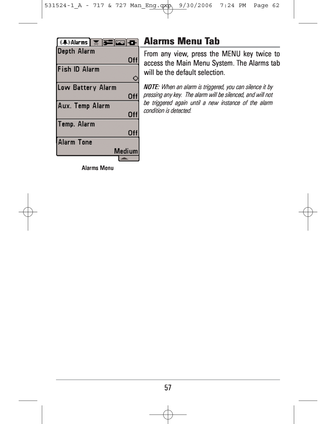 Humminbird manual Alarms Menu Tab, 531524-1A - 717 & 727 ManEng.qxp 9/30/2006 724 PM Page 