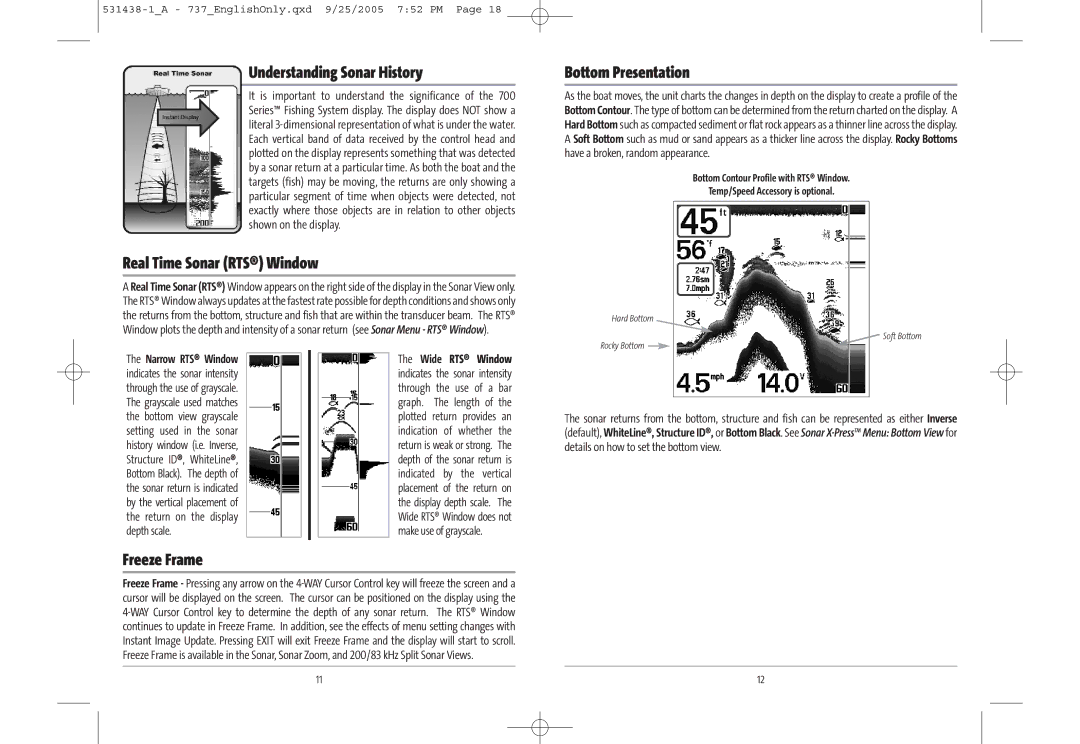 Humminbird 700 series, 737 manual Understanding Sonar History, Real Time Sonar RTS Window, Bottom Presentation, Freeze Frame 