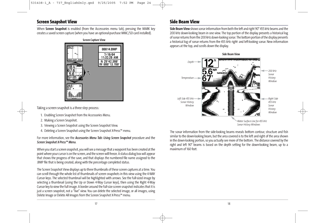 Humminbird 700 series, 737, 531438-1_A Screen Snapshot View, Side Beam View, Making a Screen Snapshot, Screen Capture View 