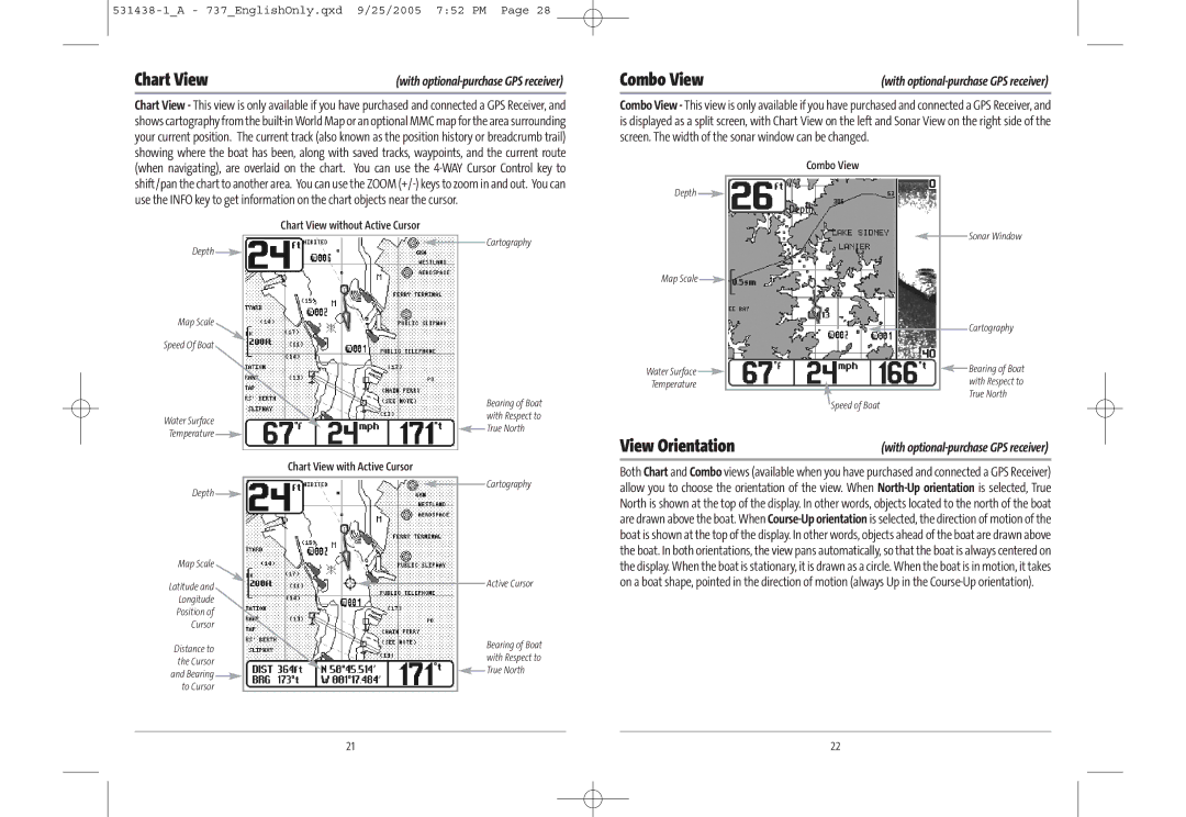 Humminbird 737, 700 series, 531438-1_A manual Depth, Chart View without Active Cursor, Chart View with Active Cursor 