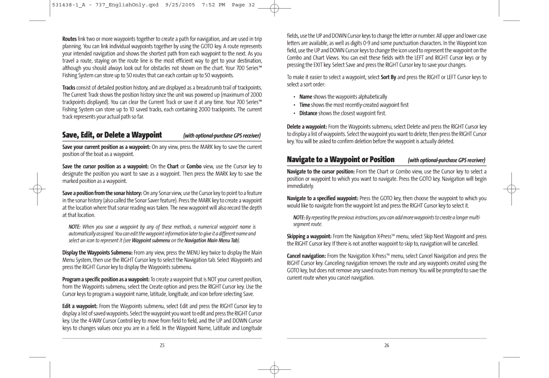 Humminbird 531438-1_A, 737, 700 series manual Save, Edit, or Delete a Waypoint 