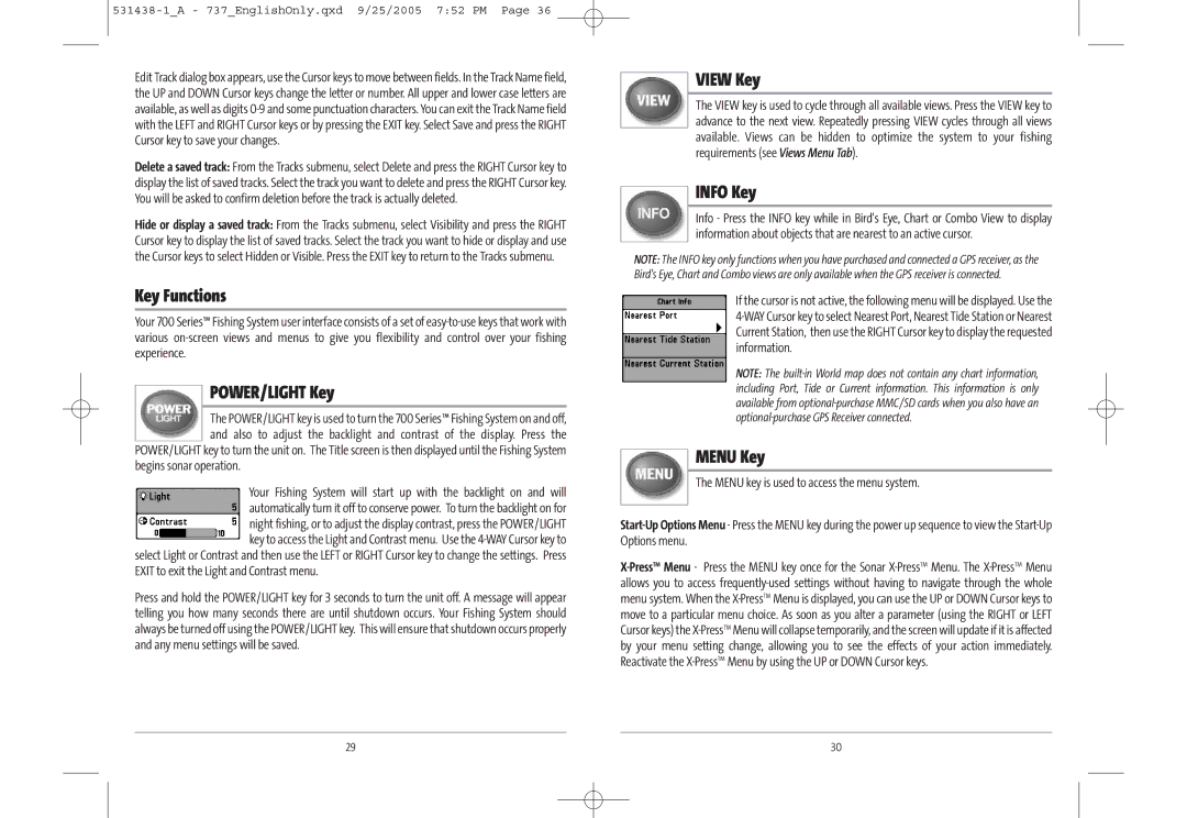 Humminbird 700 series, 737, 531438-1_A manual Key Functions, POWER/LIGHT Key, View Key, Info Key, Menu Key 