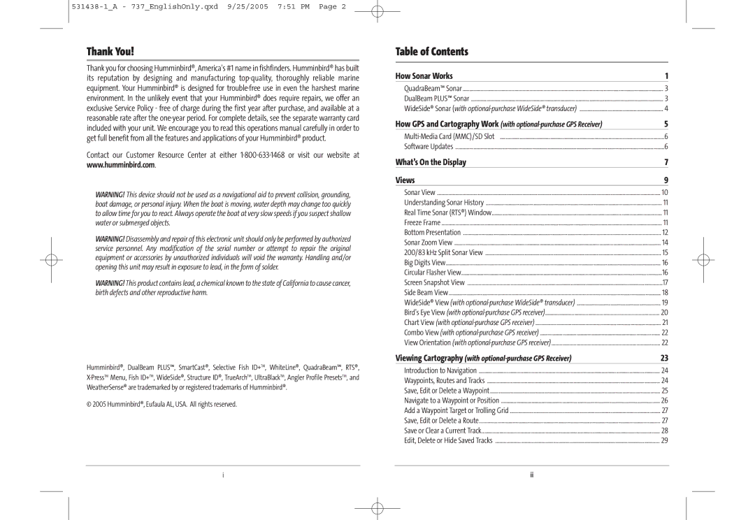 Humminbird 531438-1_A, 737, 700 series manual Thank You, Table of Contents 