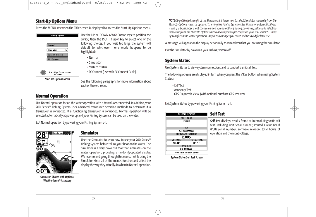 Humminbird 700 series, 737, 531438-1_A manual Start-Up Options Menu, Normal Operation, System Status, Simulator, Self Test 