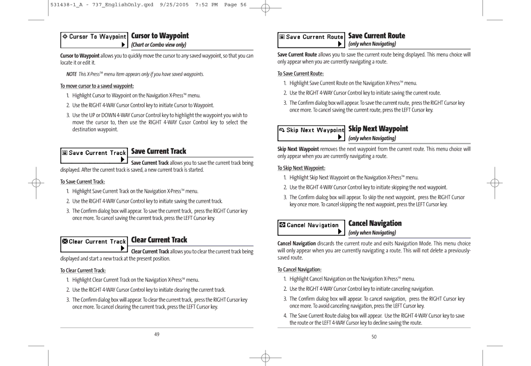 Humminbird 531438-1_A Cursor to Waypoint, Save Current Track, Clear Current Track, Save Current Route, Skip Next Waypoint 