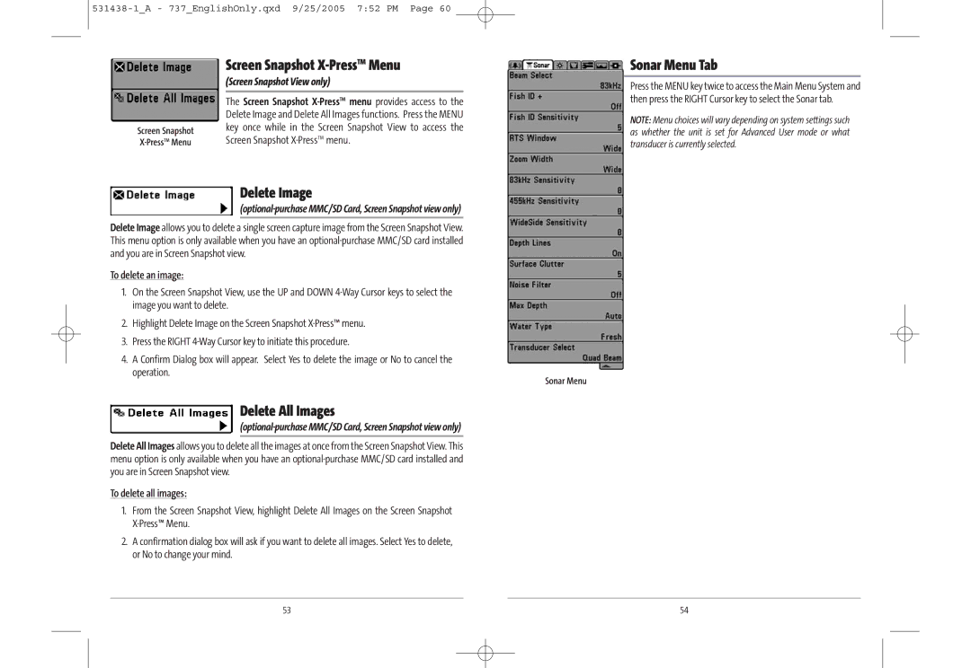 Humminbird 700 series, 737, 531438-1_A manual Screen Snapshot X-PressTMMenu, Sonar Menu Tab, Delete Image, Delete All Images 