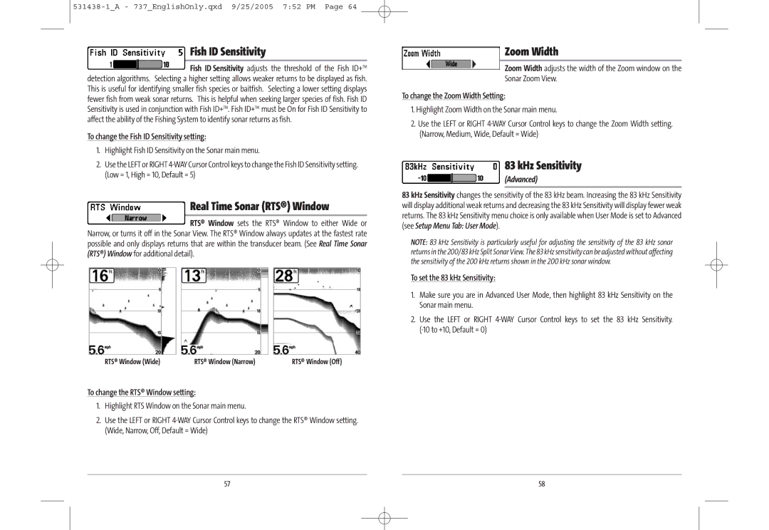 Humminbird 737, 700 series, 531438-1_A manual Fish ID Sensitivity, Zoom Width, KHz Sensitivity, Advanced 