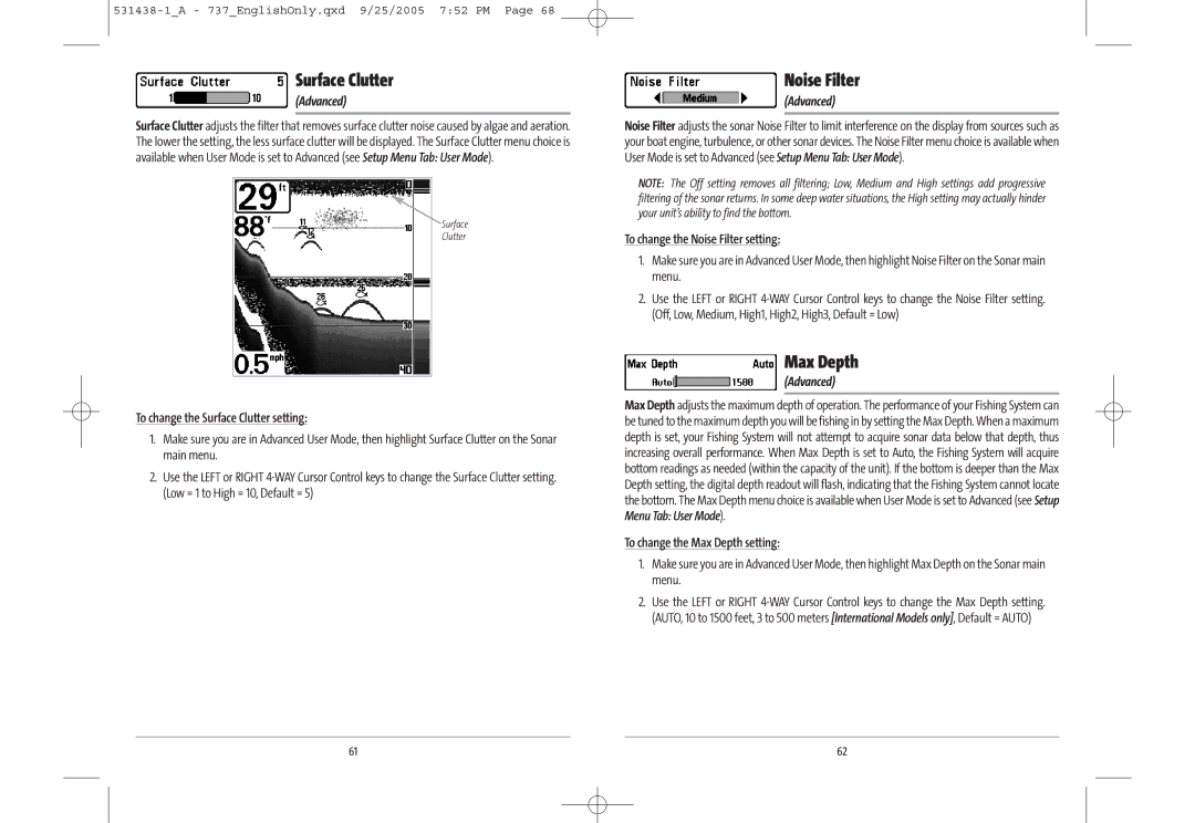 Humminbird 531438-1_A, 737, 700 series manual Surface Clutter, Noise Filter, Max Depth 