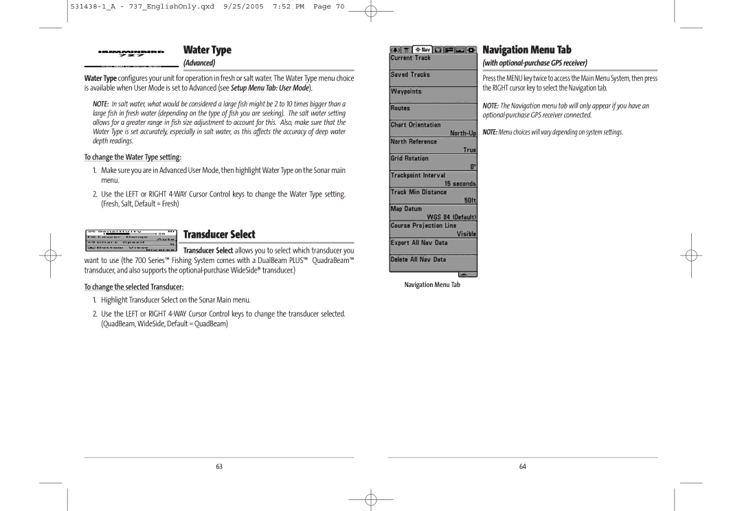 Humminbird 737, 700 series, 531438-1_A manual Transducer Select, Navigation Menu Tab, To change the Water Type setting 