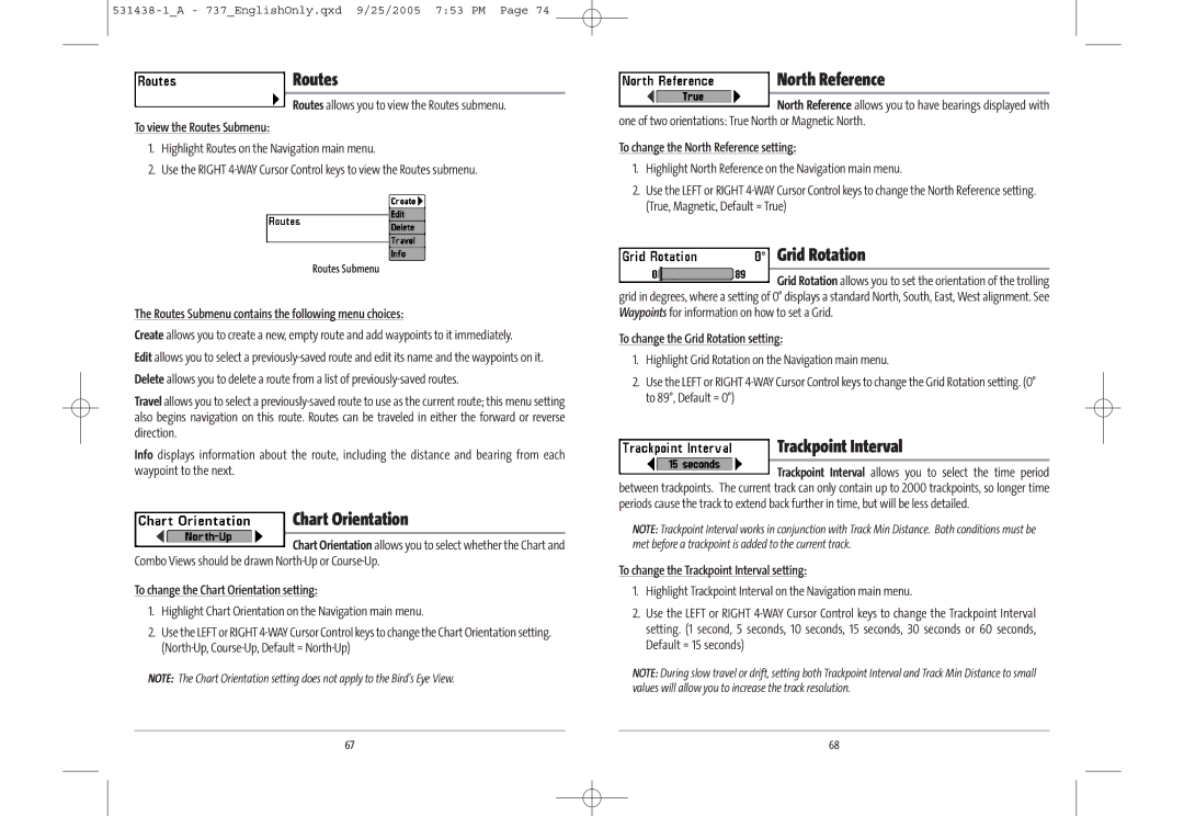 Humminbird 531438-1_A, 737, 700 series manual Routes, Chart Orientation, North Reference, Grid Rotation, Trackpoint Interval 