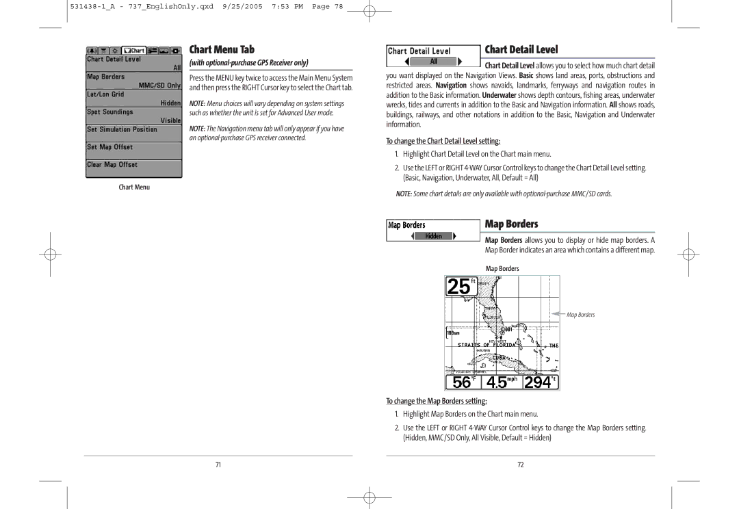 Humminbird 700 series, 737 manual Chart Menu Tab, Chart Detail Level, Map Borders, With optional-purchase GPS Receiver only 