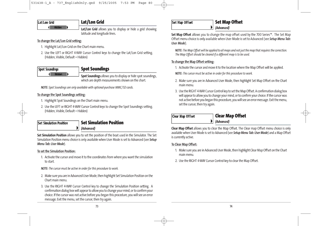 Humminbird 531438-1_A, 737 manual Lat/Lon Grid, Spot Soundings, Set Simulation Position, Set Map Offset, Clear Map Offset 