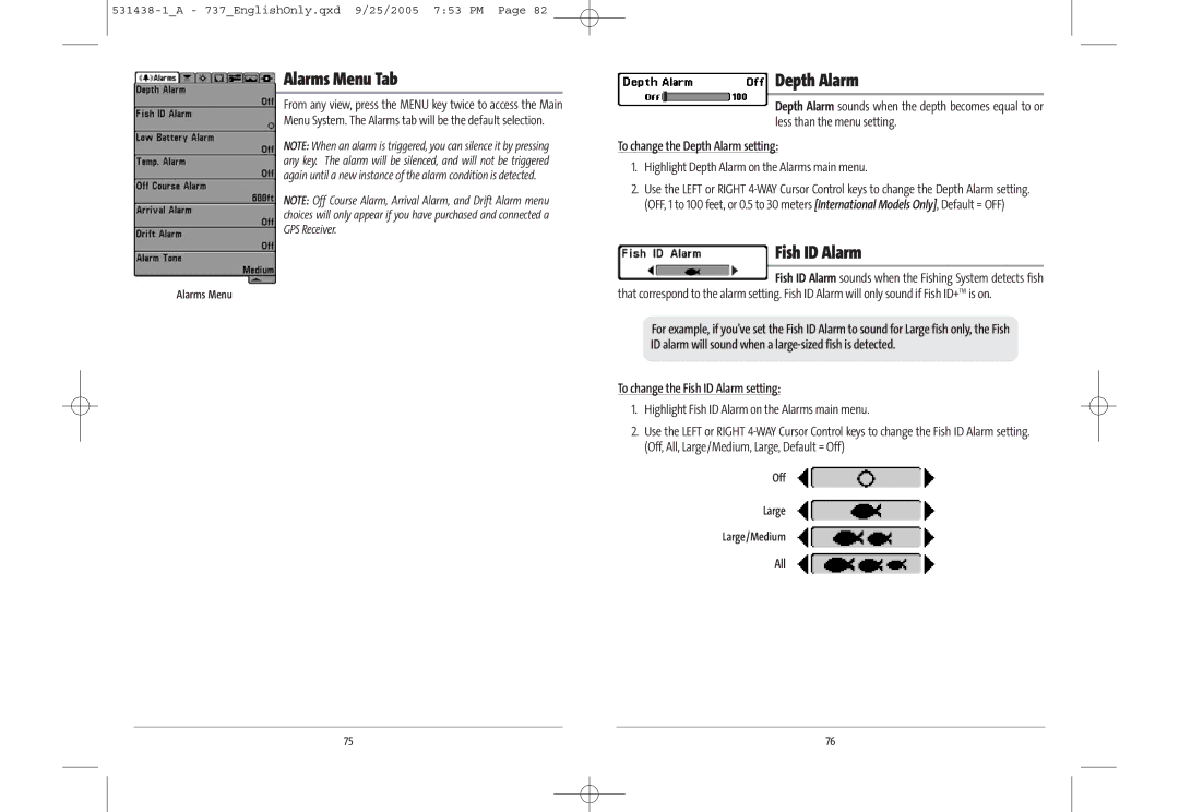 Humminbird 737, 700 series Alarms Menu Tab, To change the Depth Alarm setting, To change the Fish ID Alarm setting 