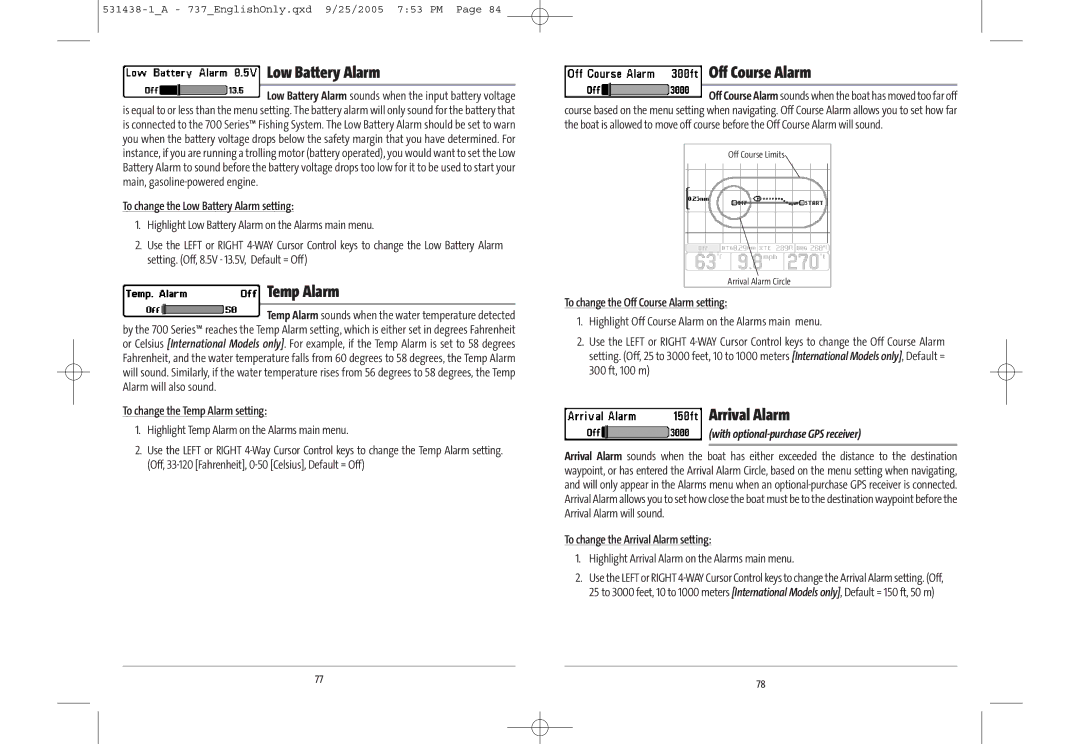 Humminbird 700 series, 737, 531438-1_A manual Low Battery Alarm, Temp Alarm, Off Course Alarm, Arrival Alarm 