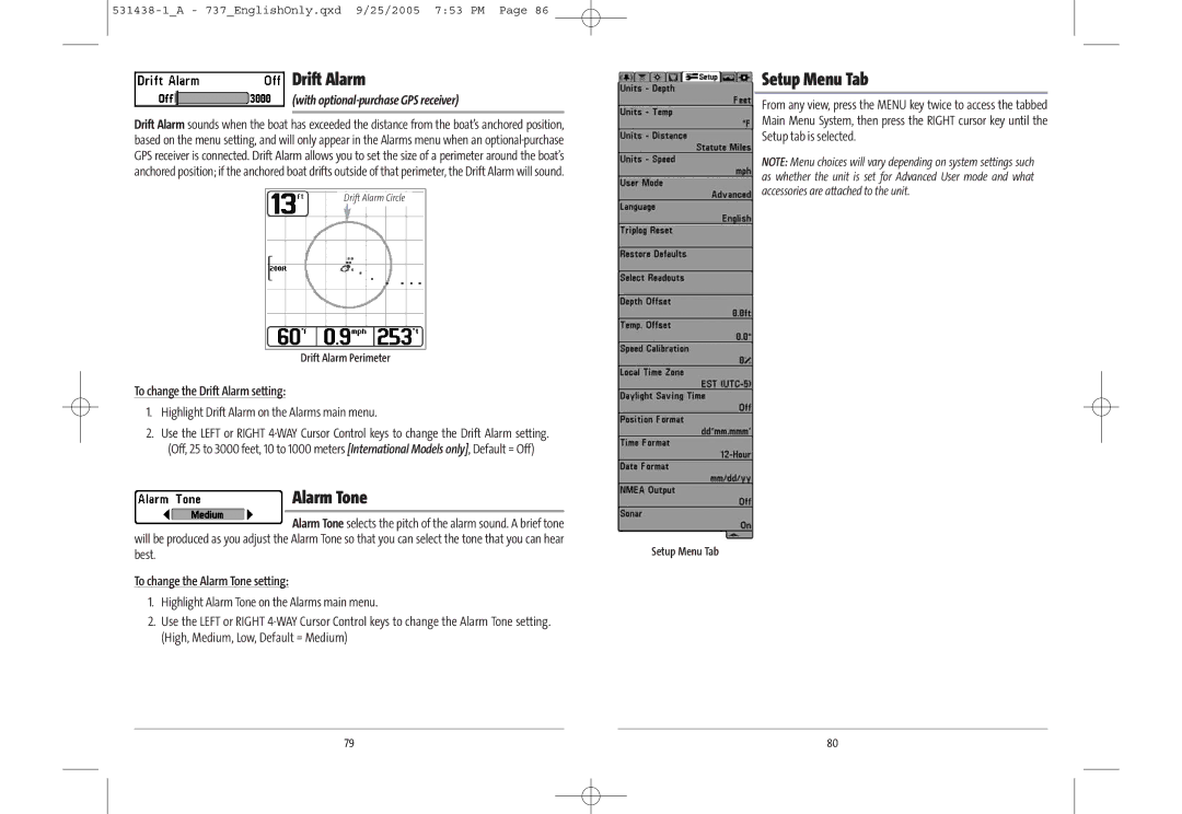 Humminbird 531438-1_A, 737 Setup Menu Tab, To change the Drift Alarm setting, To change the Alarm Tone setting 